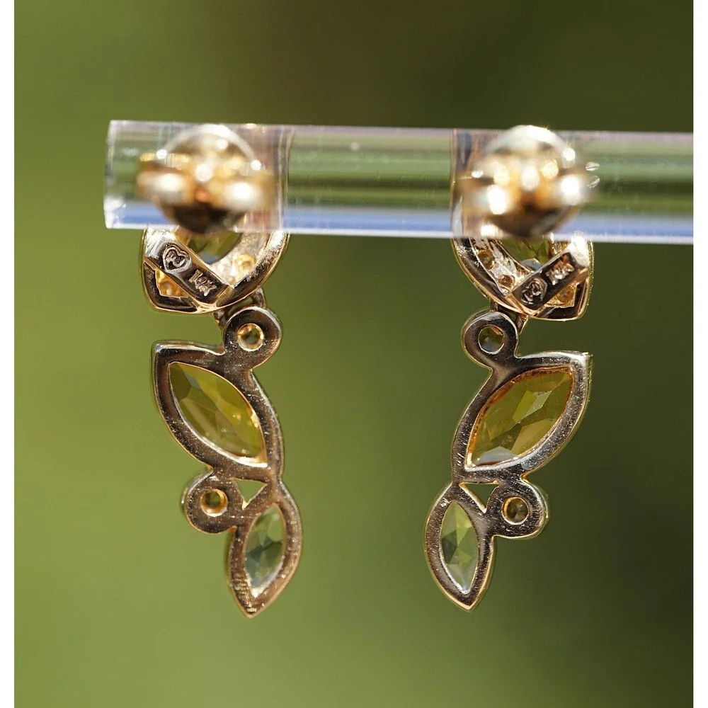 Vintage 14k Solid Gold Natural Citrine Aquamarine Quartz Diamond Dangle Earrings